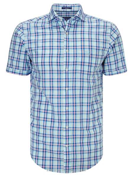 Mens Shirts Gant Albatross Cotton Linen Shirt, Sharp Blue Check Casual 515833 80% cotton, 20% linen